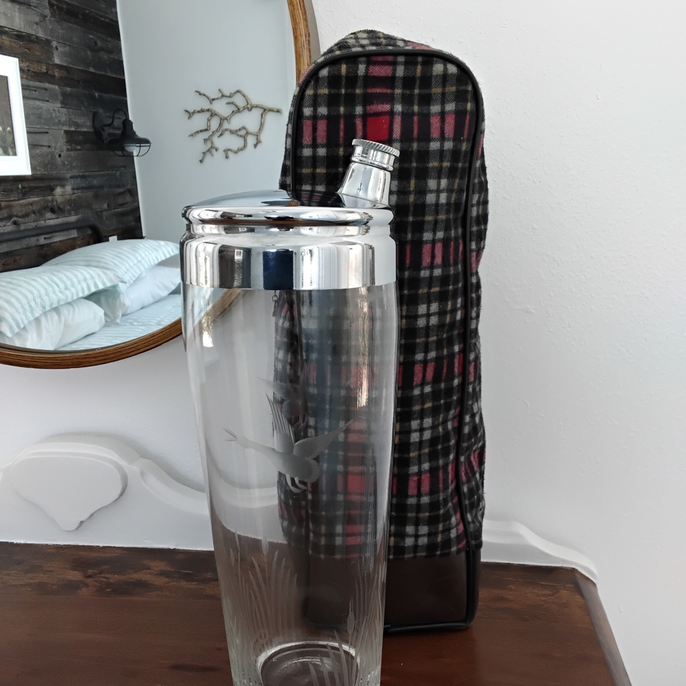 MCM Etched Glass Cocktail Shaker With It's Ralph Lauren Style Carrying Case